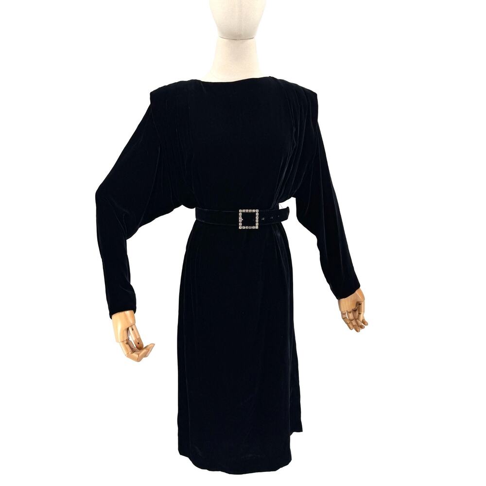 Vintage 80s Liz Claiborne Black Velvet Power Shoulder Glam Midi Dress